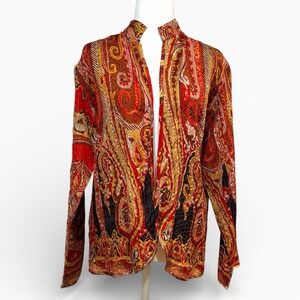 Chicos Silk Paisley Open Front Jacket Duster Red Gold Boho Resort Size 1
